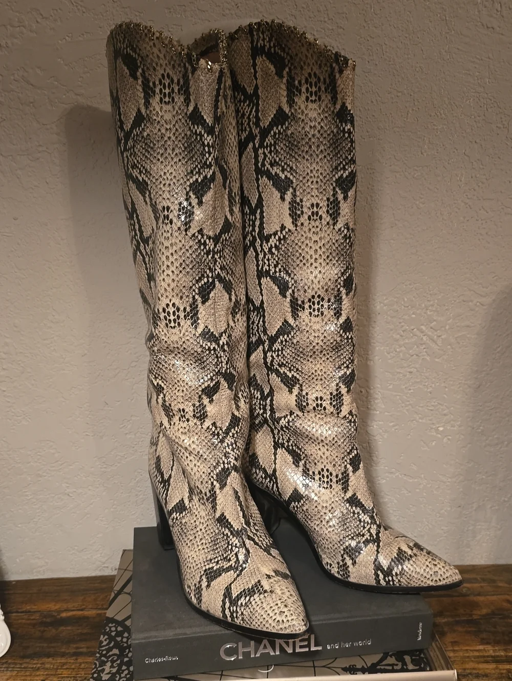 SCHUTZ Snake-Print Over-the-Knee Boots in Beige & Black